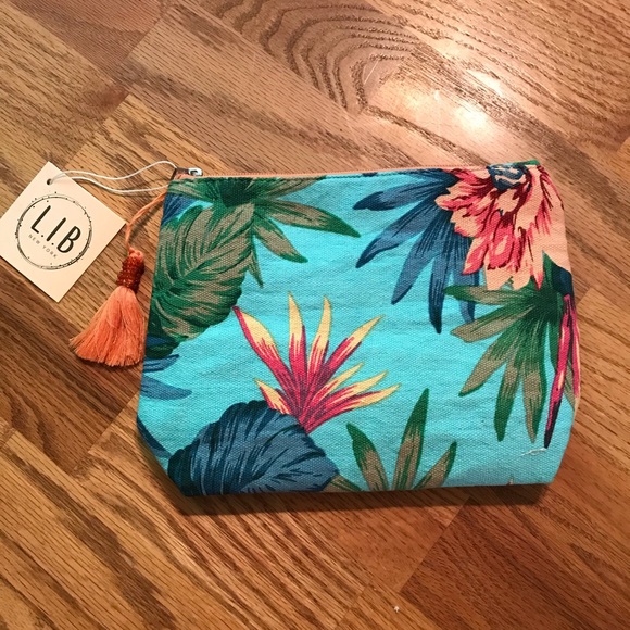 NWT L.I.B Blue Tropical & Floral Cosmetic Bag - Picture 4 of 11